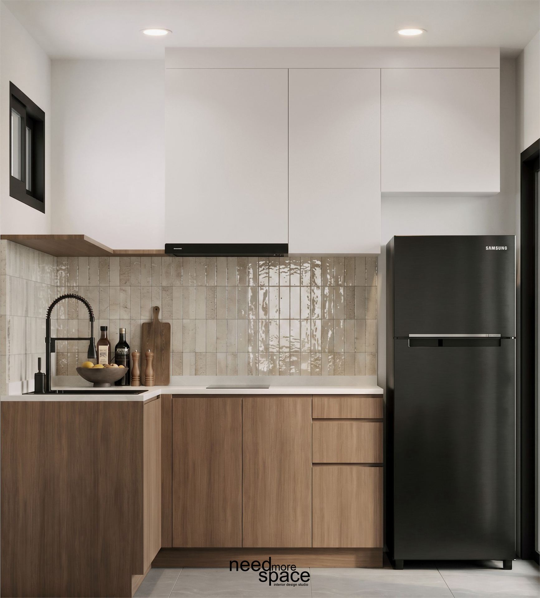 Kitchen — ครัวไม้ กระเบื้อง Zellige ตู้เย็น Samsung