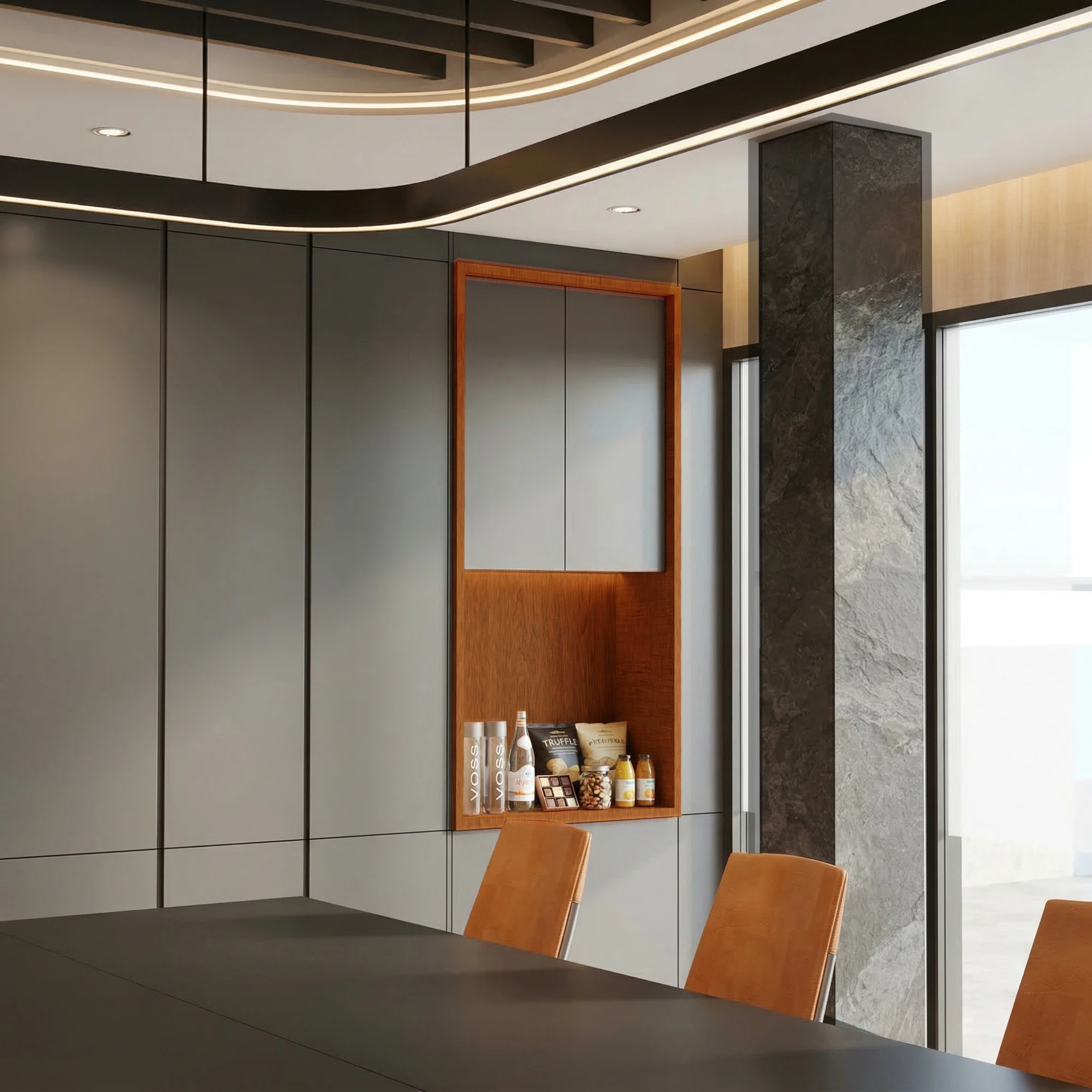 ผนังและเสาหินโทน Anthracite ในห้องประชุมบอร์ดบริหาร